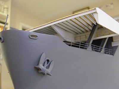 This view shows the underside of the flightdeck. This is all styrene. Anchors and hawse lips are cast metal. Unfortunatly, most of this detail probably won't be seen, but it's there nevertheless.