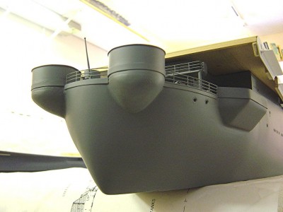 Starboard aft view looking up at the stern. Sponsons below the 40mm tubs were done with modeling clay. Takes awhile to harden.