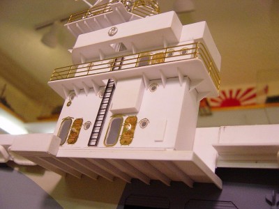 Same view here, a little closer up. W/T doors in the open position are from Tom's Modelworks, as well as the porthole detail. Box on lower left of the structure is the flagbag.
