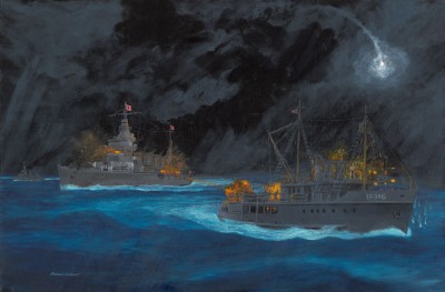 143134602.jpg (60.17 KiB) Viewed 3844 times From Navsource Cover art for David Bruhn's book provisionally titled, "Yachts and Yippies: the U.S. Navy's Patrol Yachts and Patrol Vessels." The painting by Richard DeRosset, titled "Night Action off Tulagi", depicts the destruction of USS YP-346 by the Japanese light cruiser HIJMS Sendai off Guadalcanal on 8 September 1942.