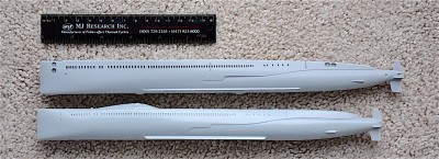 Two kits compared.    Blue Ridge kit upper, Seawolf Torpedo, lower.