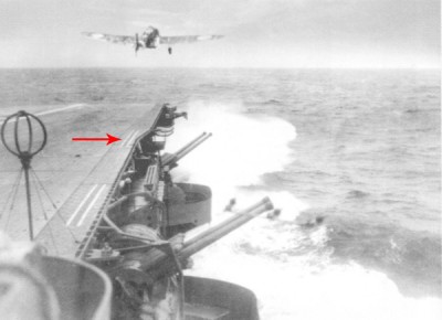 Zuikaku, Pearl Harbor, B5N2 takeoff, main battery warning stripes.jpg