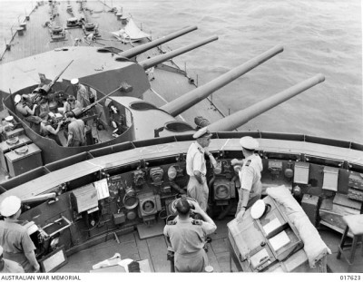 19440904 HMAS Australia bridge Captain E. F.V. Dechaineux DSC and oerlikons AWM.JPG