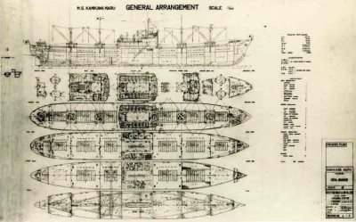 Kamikawa Maru, general arrangement, book 100 years Kawasaki Kisen p. 10.jpg