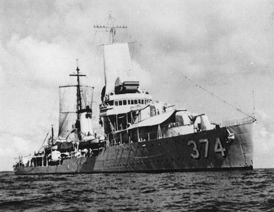Explanation (this is NOT phoroshot):<br />USS Tucker (DD-374) with canvas hung from her masts, during the later 1930s. This is probably an experiment in using makeshift sails to extend the ship's low speed cruising range. U.S. Naval Historical Center Photograph. (A note from Sinclair Geraing; "As far as I can tell, the notion of, essentially, spreading the ship's awning vertically to make a sail was entirely LCDR Gearings idea.")