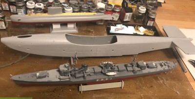 AB8E42D3-49D1-4B62-AF14-D7FA2037CD6F.jpeg (69.81 KiB) Viewed 2488 times Here is an update of the build so far, I have the fuselage together and drilled out all the windows, I have fitted but not cemented the tail just for fitment, needs a little more work, I placed a IJN destroyer next to it just to show the sheer size of this aircraft.