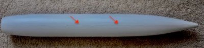 GRP hull.  Seam marked with red arrows