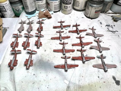 The SBDs and TBFs after putting.  A few have been sanded.  No wheels added yet.