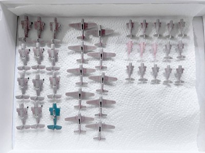 The air wing as it currently stands.  The transparent F4Fs were really hard to work on.  I painted one TBF as a test.  I plan to do 10 more F4Fs and 10 more SBDs.