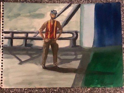 thumbnail_IMG_4204.jpg (89.99 KiB) Viewed 1481 times Me as Chief Mate on the stern ramp. Painted by a dockside "artist" 30+ years ago.