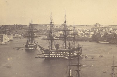 HMS Marlborough- flagship of the Mediterranean fleet at anchor in the Grand Harbour of Valletta, Malta, sometime between 1858 and 1864..jpg