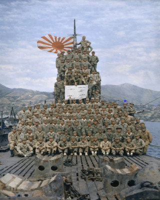 I-58 at Kure, postwar, kaiten cradles in front.jpg