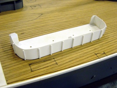 This tub is aft of the #3 16" turrent,stb. side. It shields 4 guns. The portside one is slightly smaller and shields 3 guns. All tubs are fabricated from styrene.