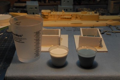 Here are the A and B parts of the Micro-Mark 1-to-1 Rapid Silicone Mold Rubber measured out in equal amounts.  The blue one is part B.  The small cups are 2oz.