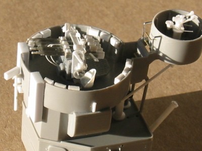 Quad 1.1 and MK51 dry fitted to gun position.  Note the styrene added to correct the configuration of the kit part.  Chevalier had the speed light in the position shown in this photo, the kit has it mounted on the rear stack.