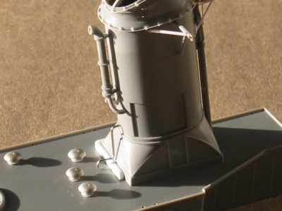 Another image of the stack.  I made the silver coloured pipe by bending a sewing pin.  The mushroom vents are some old specialty rivet heads I had laying about - the shape is not exact, but much better than the kit details.