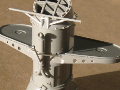 Last image for now showing the aft stack again.  I removed the speed light from the kit as Chevalier carried it at the end of the 1.1 quad gun tub.  I also replaced the yardarm support structure with styrene.
