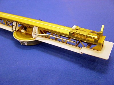 Close up shot of the aircraft cradle. The OS2U scoutplane will rest here. Railings still need to be added to the catwalks, but I can't find any in p/e that are the correct size. I will either have to make them or just delete them Again note the scratch styrene parts.