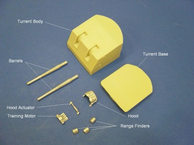 Heres a view of the kit and a breakdown of the individual parts. Also comes with an assembly guide.Turrent body and base are resin, the rest of the parts are cast metal.