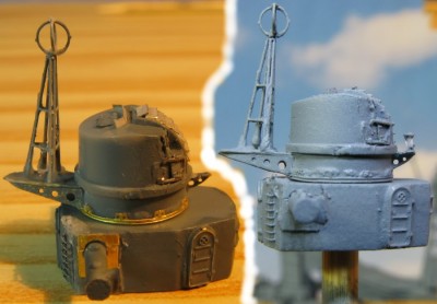 Mogami84 - main gun director plus range finder <br />left: before-.......................right: after airbrushing