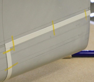 Dry fitting of the styrene stripes with a sanded bevel.