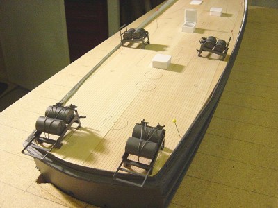 An overall view of the depth charge arrangement, again in their relative positions. All four racks are basically the same, except for the position of the extensions. Note the slight deck camber.