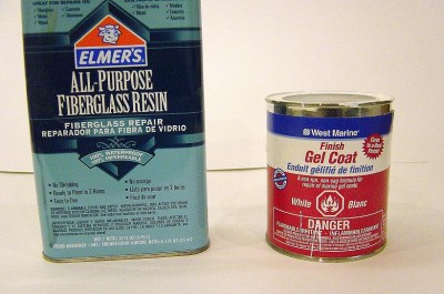 DSC04153.JPG (116.01 KiB) Viewed 4361 times As I said, I am going to try a new approach here. These are the materials. As you can see, fibreglass polyester resin on the left. Any brand will do. I'll brush this on as an initial coat for the wood sealing process. On the right is the new stuff. This is marine finish gel coat. It also contains polyester resin. But it also has titanium dioxide and styrene. I mixed this with the hardner and then brushed it on, moving quickly as pot life is only about 15 min. or so. It applies well, sort of like thick paint. The key is the styrene content. You could think of it as liquid styrene. I was pleased with the results, as it sands much like plastic. Alot easier than the epoxy resin.