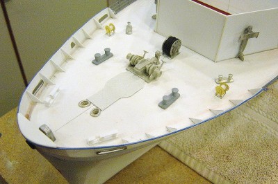 DSC04161.JPG (154.5 KiB) Viewed 4361 times Forecastle deck details here. A mix of different materials used here. Styrene, cast metal, brass, etc. Again note the bulwark. Bracing is .025 styrene. Once the flightdeck is attached, you won't see much of this.