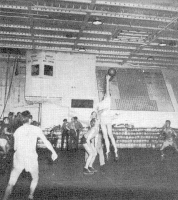 USS Hornet CV-12, from wartime cruisebook as <br />posted by Tracy White, showing conflagration <br />station and uptake trunk (the sloped thingy).