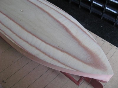 IMG_0342.JPG (83.38 KiB) Viewed 2315 times The deck camber can bee seen, using a 2mm ply sheet the glue joins of the ply can be used as a guide when carving.