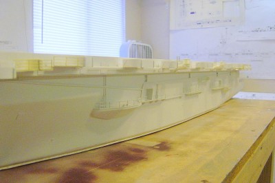 View from portside looking aft. I had to do a bit of shimming to get the flightdeck nice and level. Plywood tends to warp slightly, so I don't use it much. It is a good choice for a large area such as this, as long as you keep it flat and weighted.
