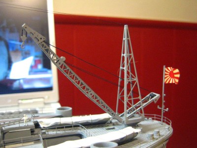 crane rigged with spider wire braided fishing line.  Giant St Bernard hair in the lattice braces is NOT part of rigging!