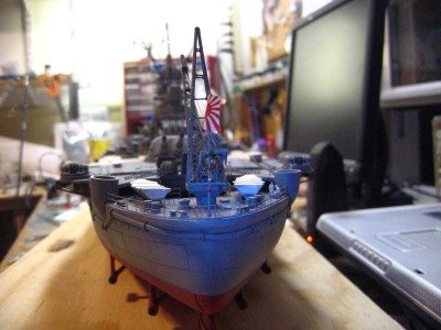 X-mas tree on the stern, "bulbs" made from the innards of tiny craft "googly eyes"