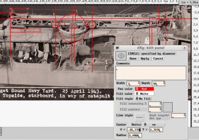 My zero position is on the nose of the cat. There are two large wheels on the starboard side of the cat. I drew circles around them and other things. I've clicked on the aft large wheel and the dialog shows it's 35.77mm from the nose and has a radius of 1.09mm.
