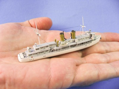 I did this photo right before putting her on the water base.  Most non-modelers have no concept of how small a 1/700 scale gunboat is, so I use this photo to blow their minds.