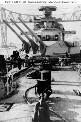 Note in this photo, there are blast bags on Turret Anton but not Turret Bruno <br />and that the area under the anchor chains is planked, not steel.
