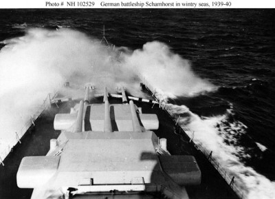 The absence of deck hatches alongside the forward turrets confirms that this ship is Scharnhorst.