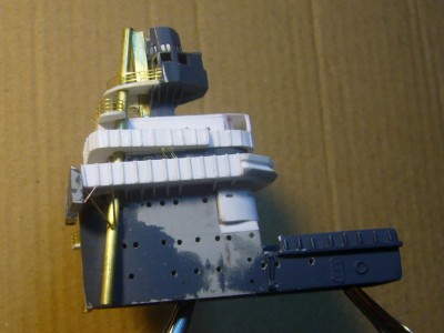 Starboard side before the forward rails are on the flag roof. The little short brace from the flag box is what made me move them down