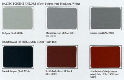 Hellgrau is Baltic superstructure gray color;  Mittelgrau is hull gray color; two optional red hull primers