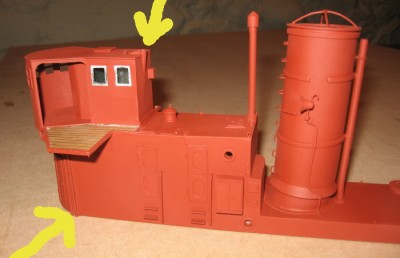 The voice pipes can be seen leading up to the bridge. The forward mast step is also indicated.