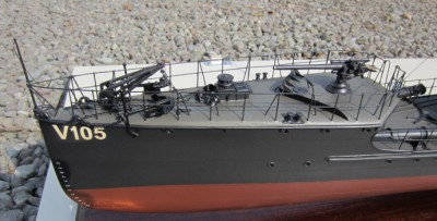The gun, anchors, capstan and anchor hoist in place on the completed fore-deck.