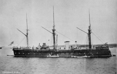 SMS Friedich Carl in the late 1870th with reduced rigging the blach-white-red flag is easyly to see.