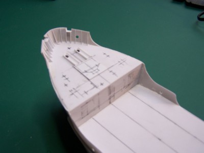 The new focsle with thined down bow bulwark