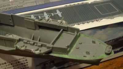 Bow area filled and sanded, ready for primer.