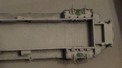 Top-down stern, again with blobs of filler. Given how this has progressed, this is a problem that really should've been addressed prior to assembly. :-p