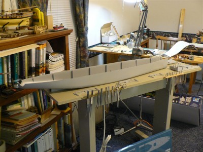 Hull pieces on work table