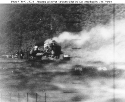 Harusame torpedoed by USS Wahoo.jpg