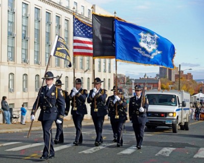 Our Honor Guard in action at the Hartford Veterans Day parade.  Im marching behind the group, "driving the bus" as we used to say in the Marines!