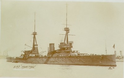 Early shot of Indomitable, with all funnels the same height.
