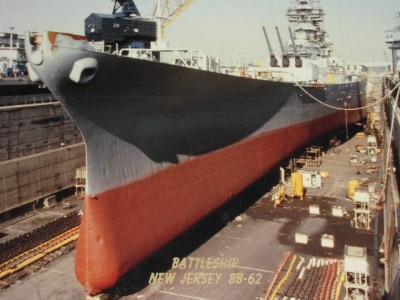 BB-62, under water near the bow.  Posted years ago very early in this thread; source now lost.  Perhaps someone here can properly identify and credit the source for me.